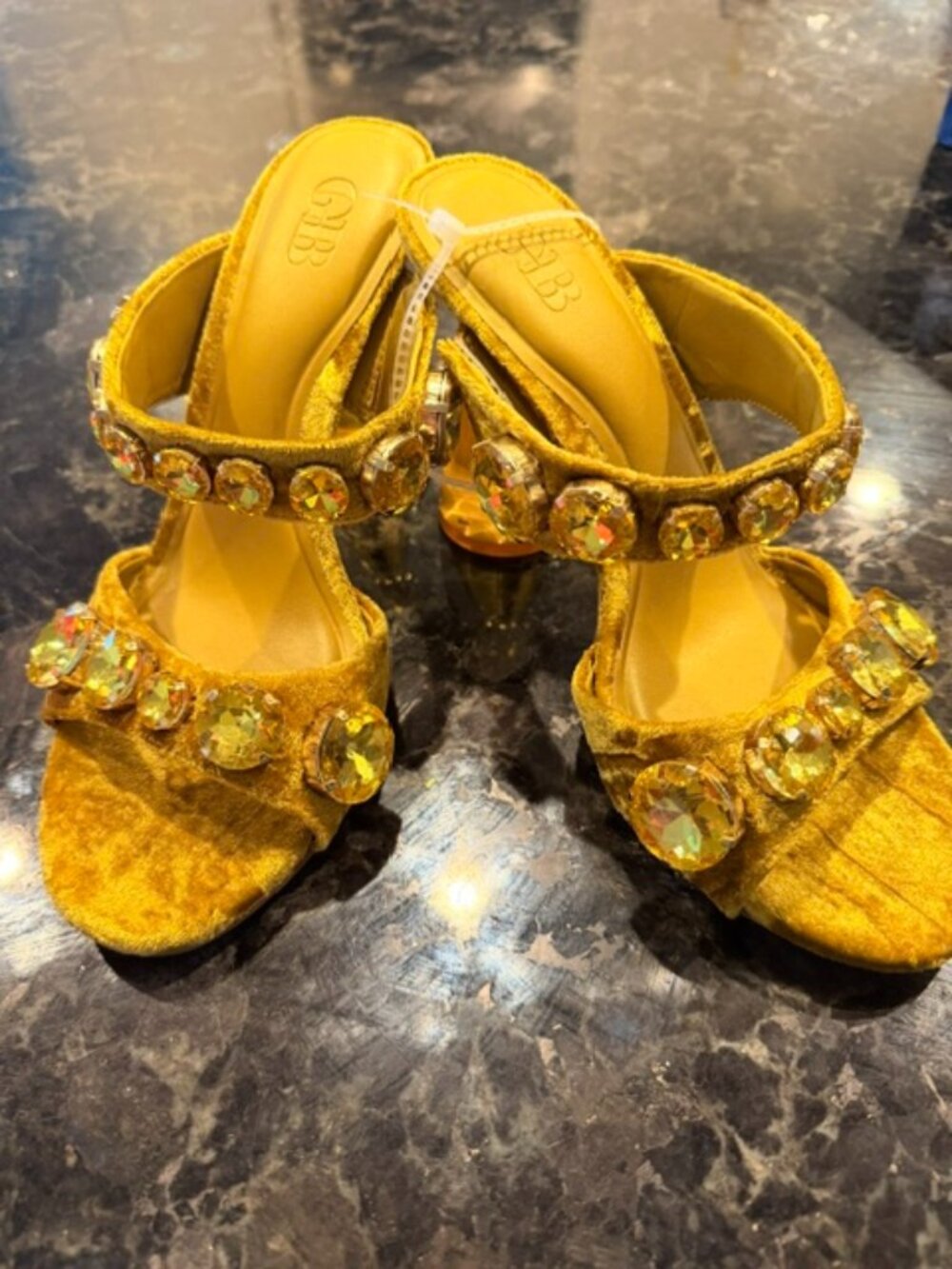 Gianni Bini Yellow Velvet Jeweled Sculptural Heel Mules Size 7.5